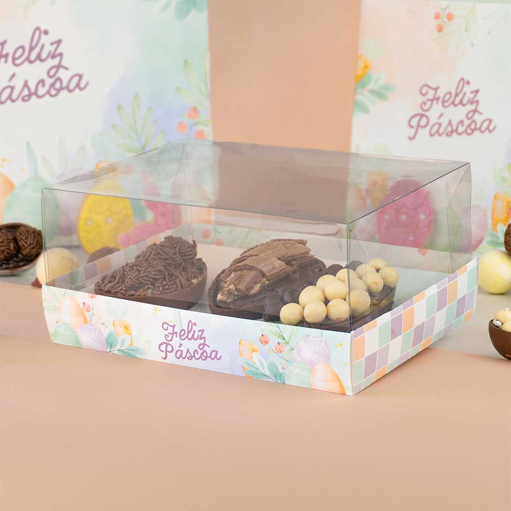 Caja para huevos de Pascua medio rellenos con tapa transparente. (Ajustable para cáscaras de 150 g a 500 g) Línea PREMIER - Paquete de 10