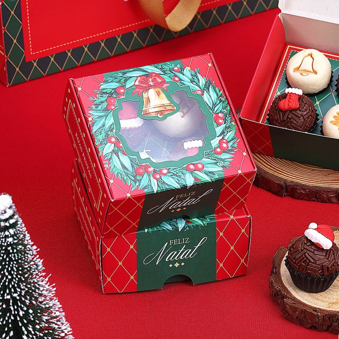 4 Cavities Christmas Brigadeiro Box with Clear Lid - Vintage Theme (10 Pack)