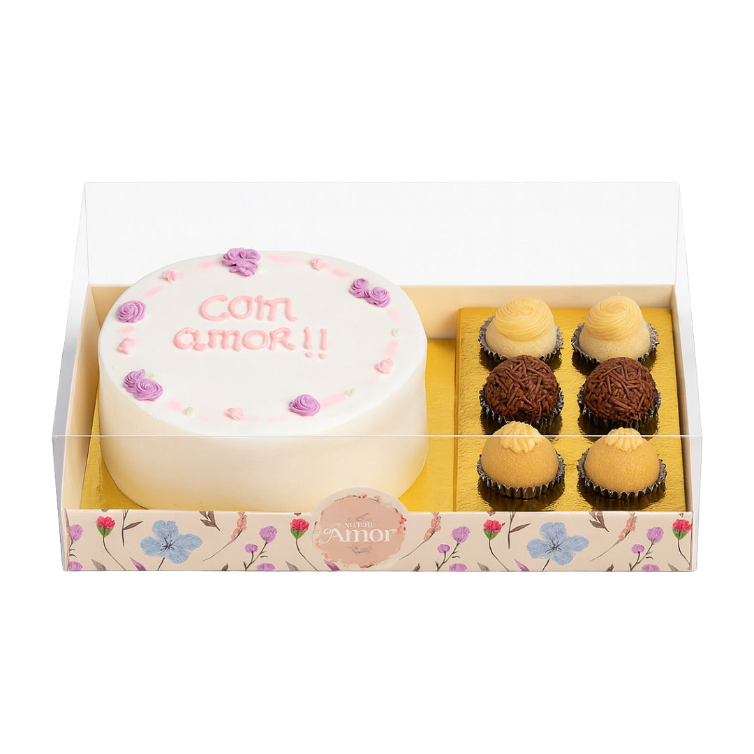 Bento Cake and 6 Brigadeiros Packaging with Laminated Base and Clear Acetate Lid (10 pack) Carinho