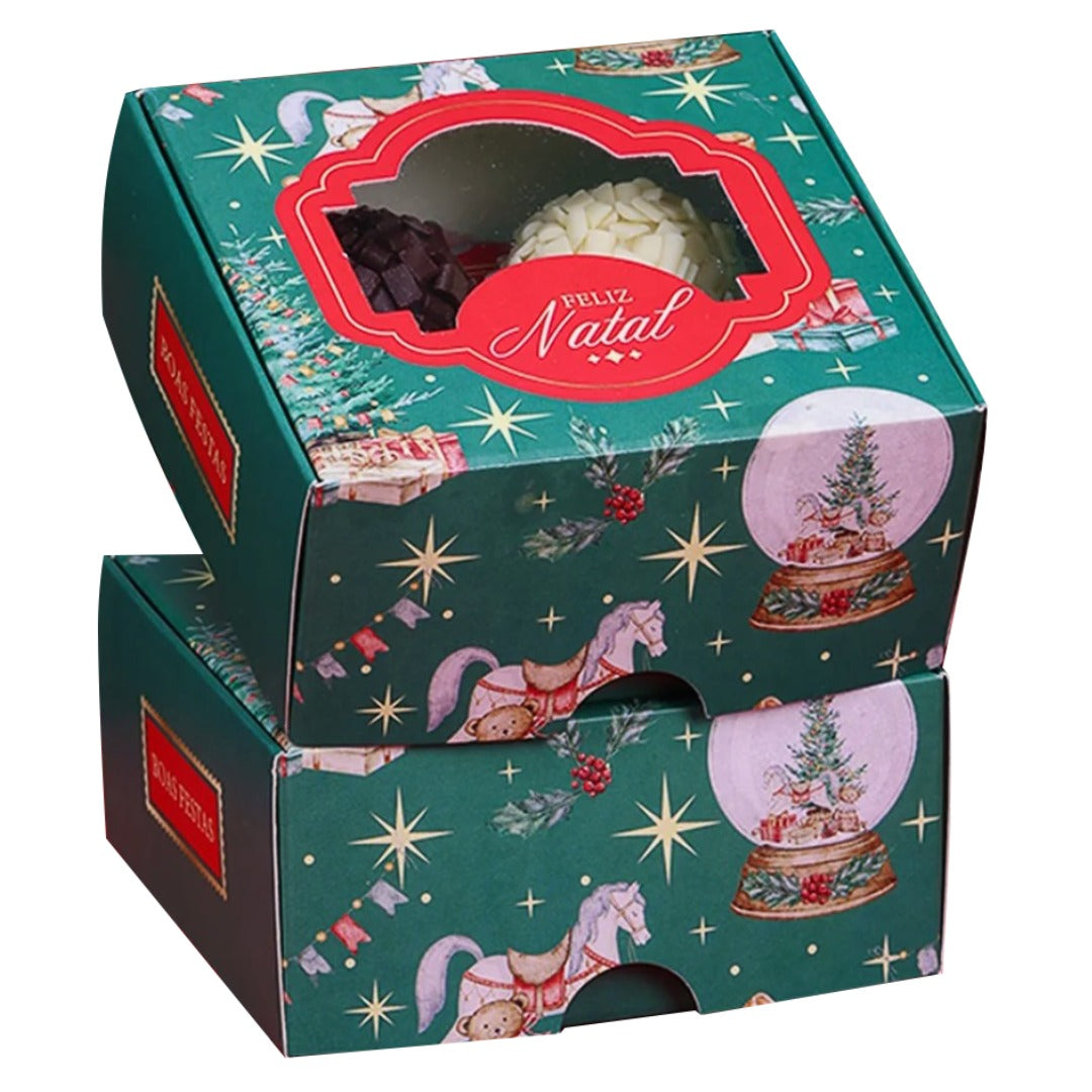 4 Cavities Christmas Brigadeiro Box with Clear Lid - Christmas Traditional Green Theme (10 Pack)