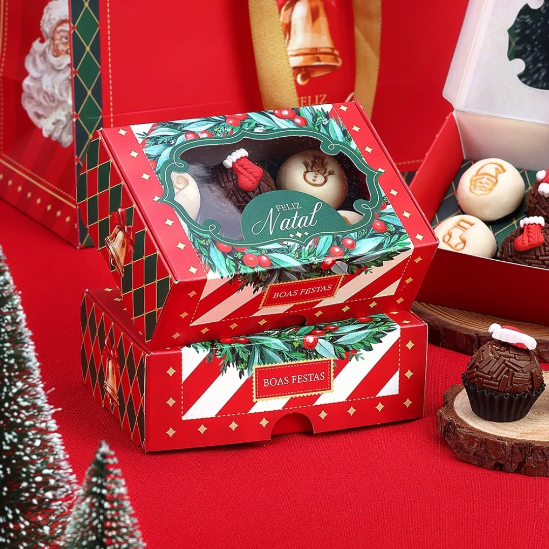 6 Cavities Christmas Brigadeiro Box with Clear Lid - Vintage Theme (10 pack)