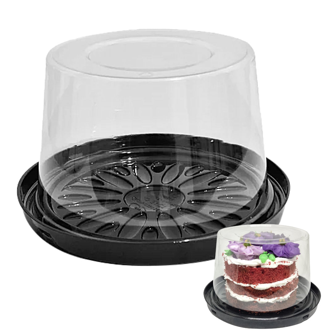 Clear Plastic Cake Containers - 12cm Round w/ Black Base (10-Pack)