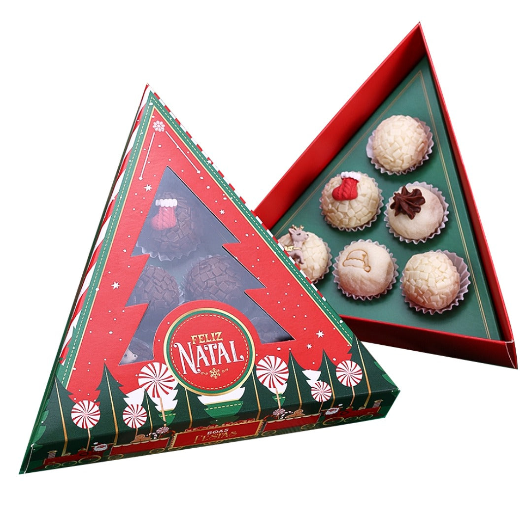 6 Cavities Christmas Brigadeiro Box With Clear Lid Holly Night Theme (10 pack) Pinheirinho