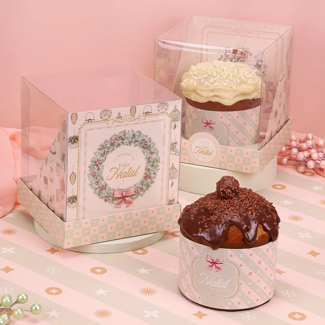 Panettone Box 500g with Acetate Lid - Grace Theme | Elegant Christmas Packaging (5 Units)