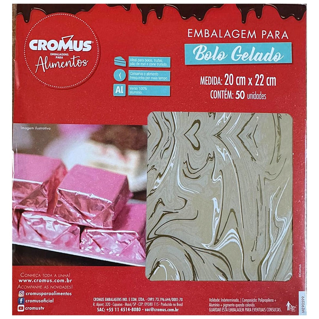 Embalagem para Bolo Gelado | Efeito Mármore Marfim 20x22cm (Pacote com 50 unidades)