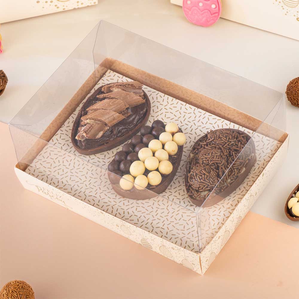 Caja para huevos de Pascua medio rellenos con tapa transparente. (Ajustable para cáscaras de 150 g a 500 g) Línea PREMIER - Paquete de 10